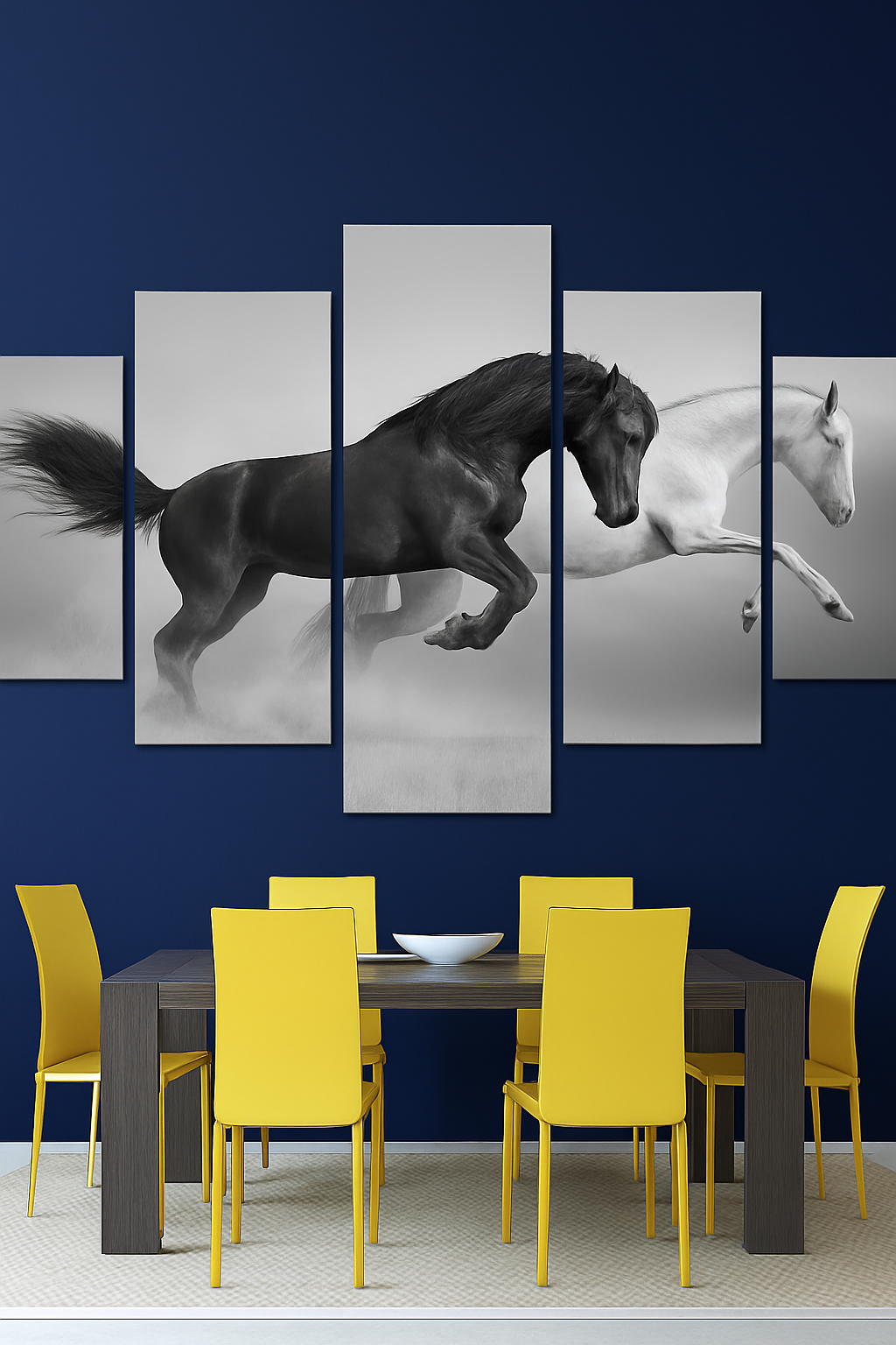 5-piece black and white running horses canvas wall art – modern HD animal painting for living room home decor in the USA