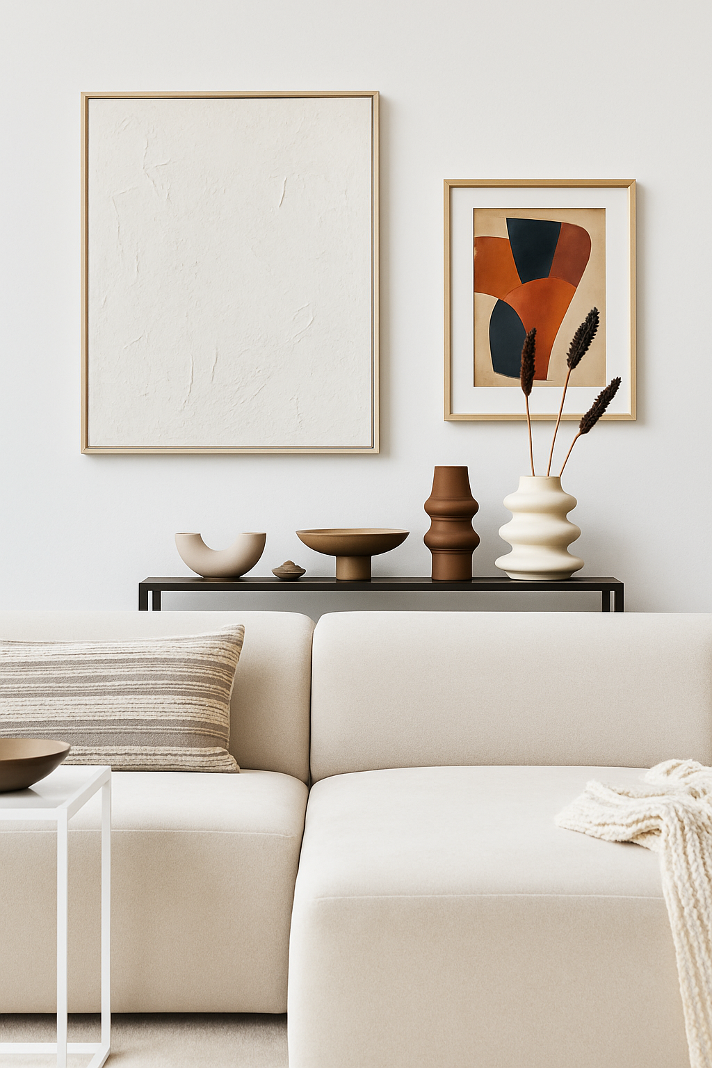 Modern minimalist home decor collection – elegant wall art, vases, and ambient lighting for contemporary American living rooms