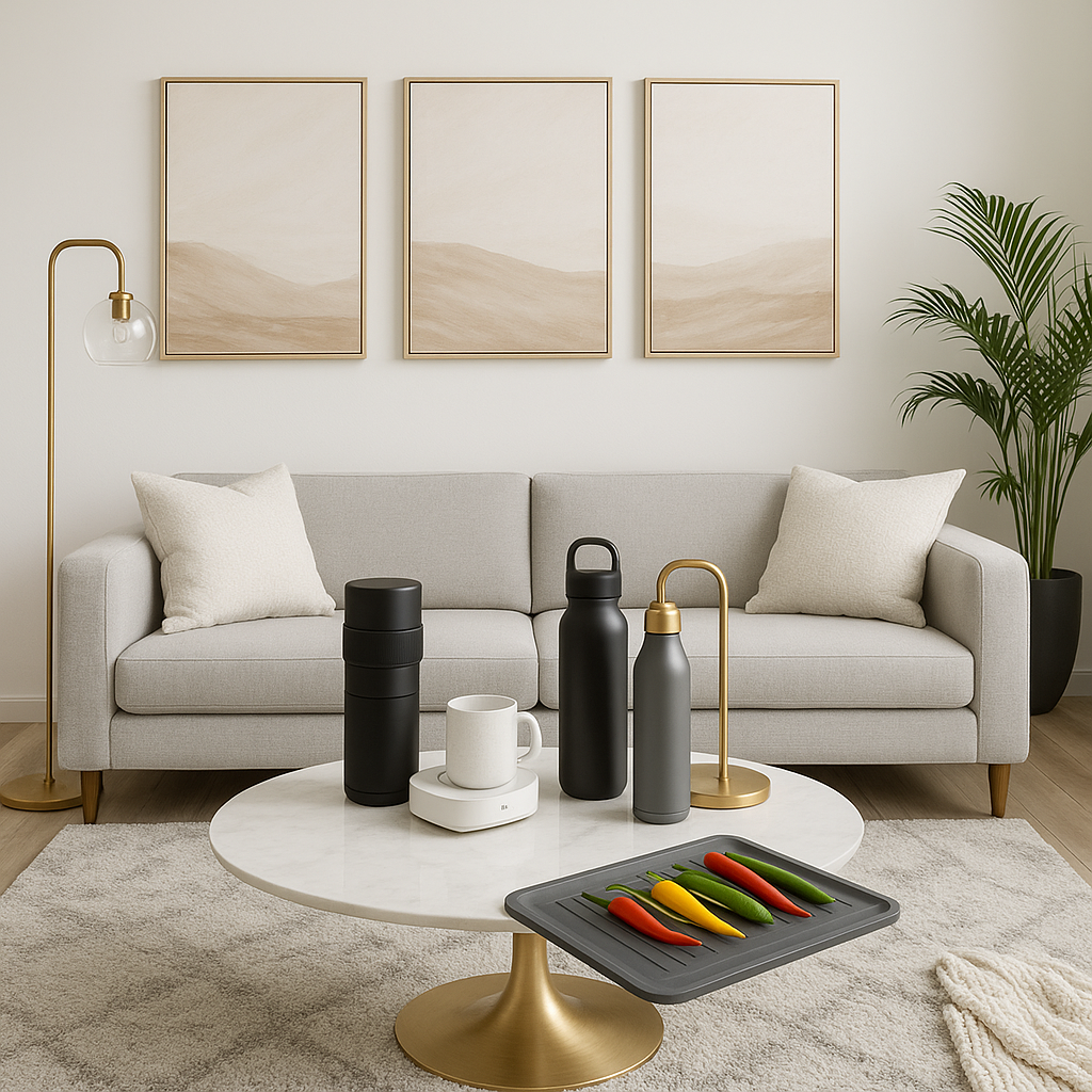 Modern minimalist home decor collection – elegant wall art, vases, and ambient lighting for contemporary American living rooms