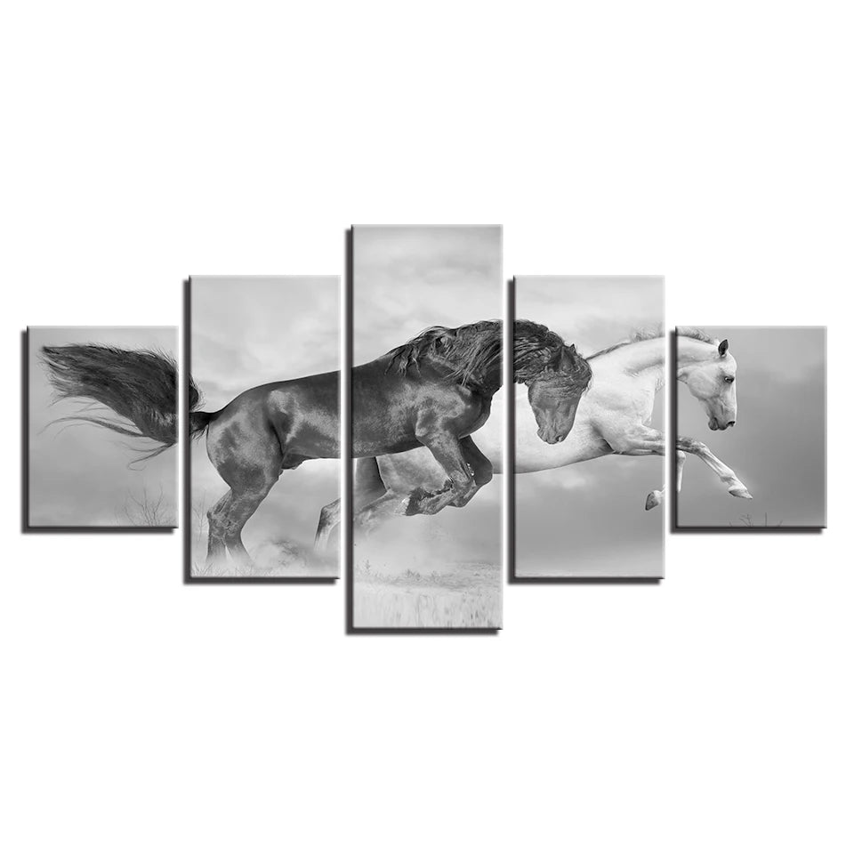 "black and white horse canvas wall art panels"