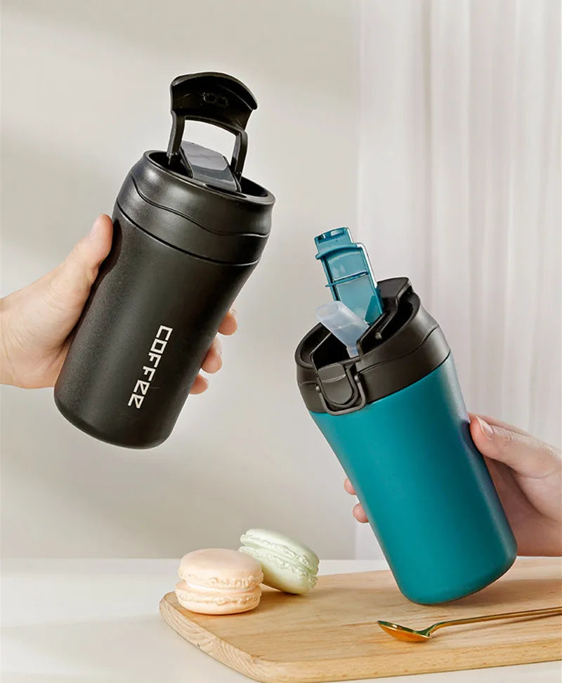 400ml Double Stainless Steel Coffee Thermos Mug With Straw Multifunctional Car Vacuum Flask Portable Travel Insulated Cup