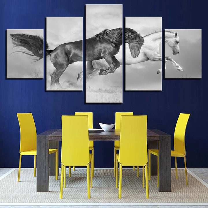 "large horse canvas wall art in 5 piece black and white set"