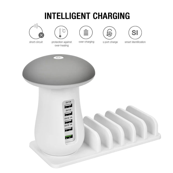 Five Ports Charging Station Desk ganizer With Mushroom Lamp Safety System For Tablet Mobile Phone Accessories Dust Plug White