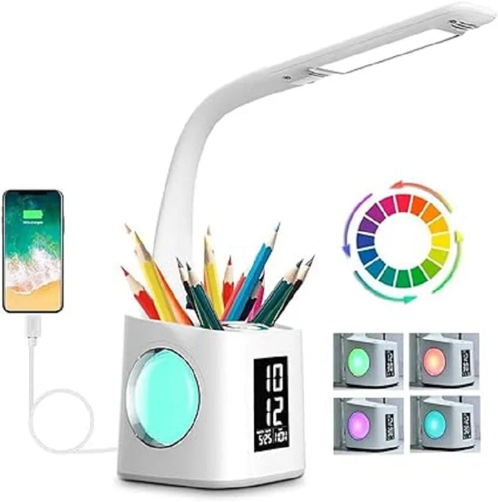 Study LED smart Desk Lamp with 10W USB Charging Port&Screen&Calendar&Colors Night Light Kids Dimmable Table Lamp with Pen Hold