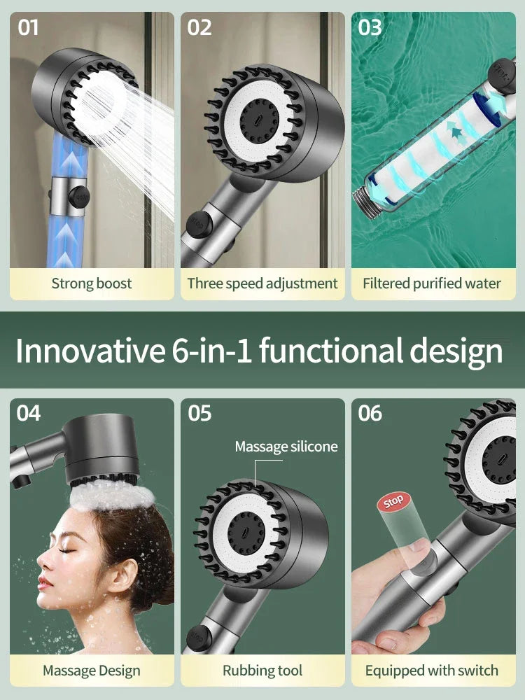 6-in-1 High Pressure Shower Head with Filter for Hard Water - Powerful, Water Saving & Easy to Install - USA Standard Bathroom Accessory"