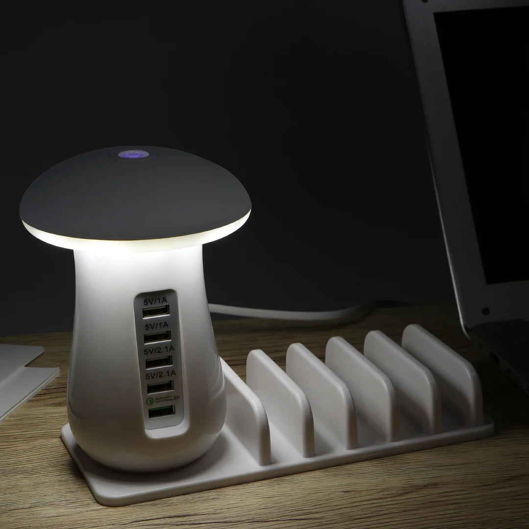 Five Ports Charging Station Desk ganizer With Mushroom Lamp Safety System For Tablet Mobile Phone Accessories Dust Plug White