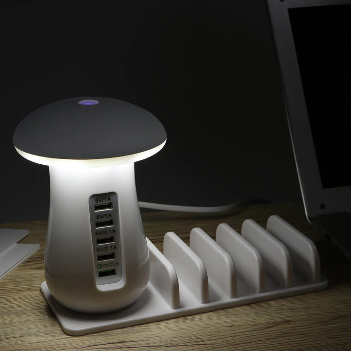 Five Ports Charging Station Desk ganizer With Mushroom Lamp Safety System For Tablet Mobile Phone Accessories Dust Plug White