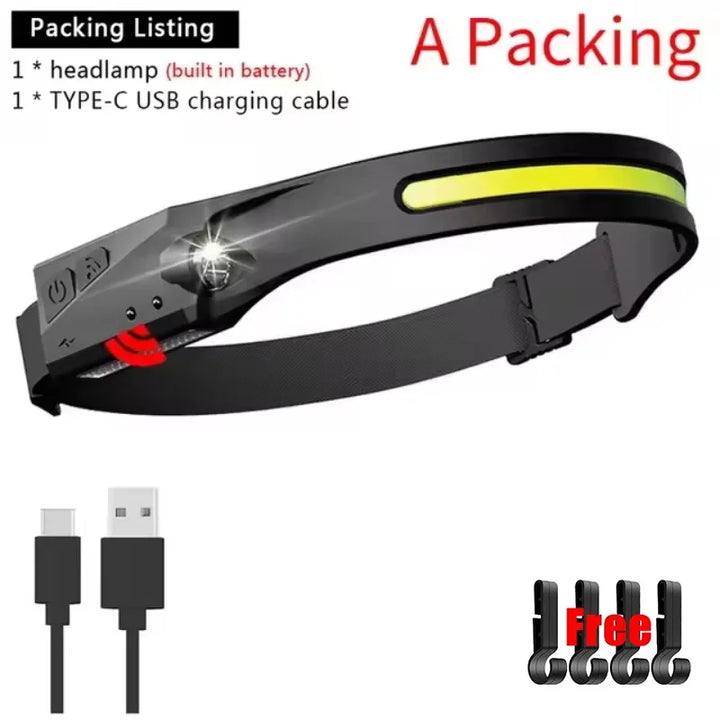 Super Bright Induction Headlamp COB+LED Sensor Head Flashlight Built in Battery USB Rechargeable For Camping Fishing Work Lights