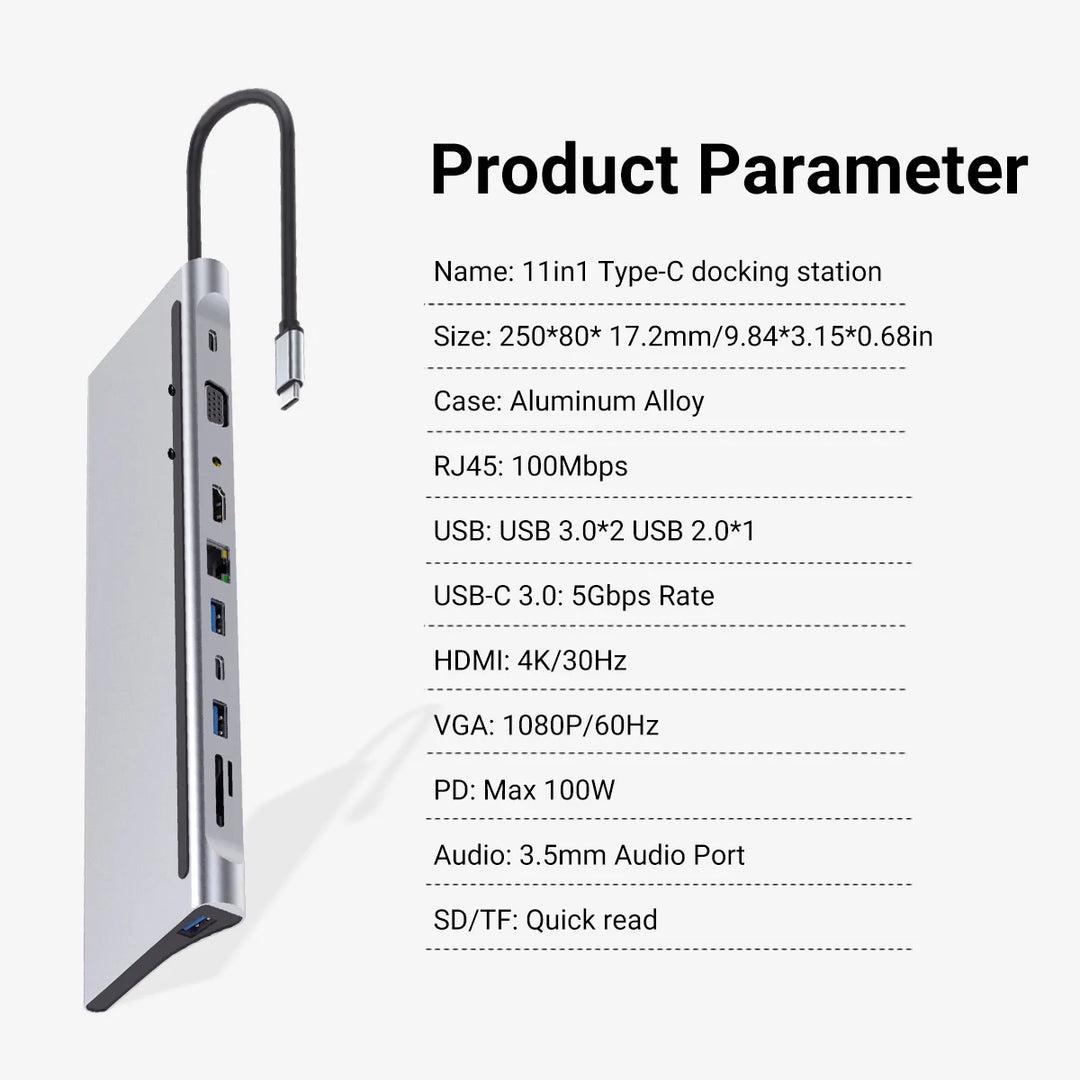 Gopala 11-in-1 Multi-Port Laptop Dock USB C Docking Station with 4K HDMI, VGA, Ethernet, SD, MicroSD, 3.5mm Port For MacBook