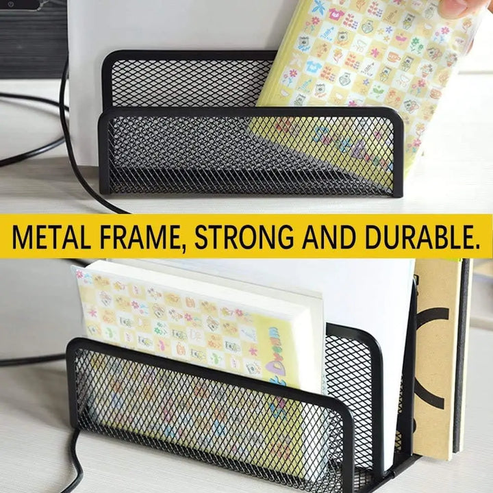 Folder Holder Desk, 2 Pack Mail Organizer Letter Holder for Desk Metal Mesh with 3 Vertical Upright Compartments