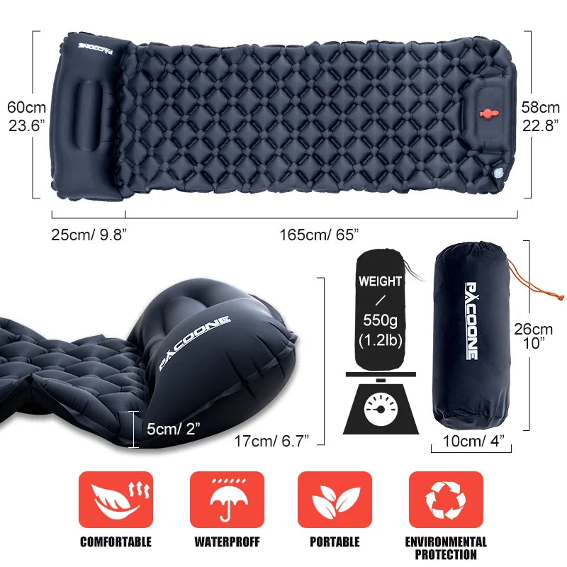 "backpacking air mat with built-in pump and head support"