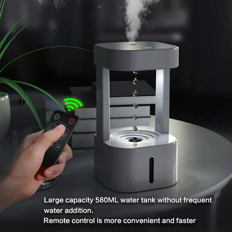aesthetic ultrasonic humidifier on nightstand with LED light in cozy bedroom