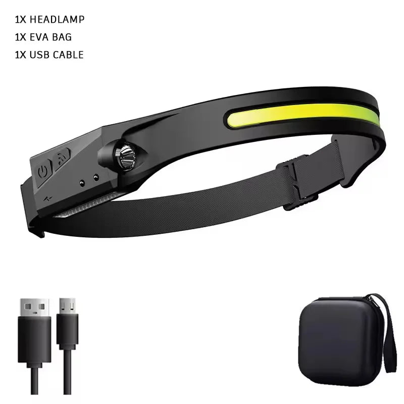Super Bright Induction Headlamp COB+LED Sensor Head Flashlight Built in Battery USB Rechargeable For Camping Fishing Work Lights