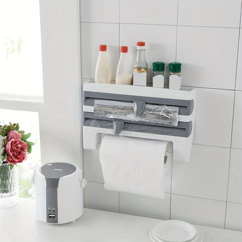 1PC Kitchen Shelf Cling Film Organizer with Cutter, Tin Foil Cutting, Paper Towel Holder, Towel Rack Multifunctional Storage