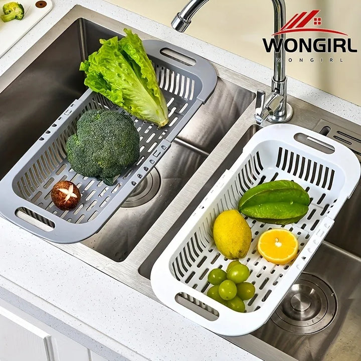 Adjustable Over Sink Colander Strainer - Uncharged Plastic Multi-Use Kitchen Prep Gadget for Fruits & Vegetables