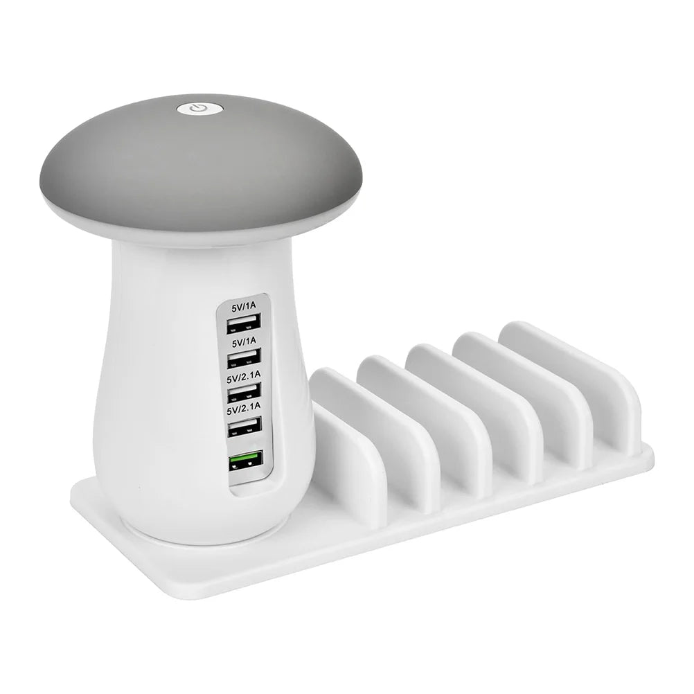 Five Ports Charging Station Desk ganizer With Mushroom Lamp Safety System For Tablet Mobile Phone Accessories Dust Plug White