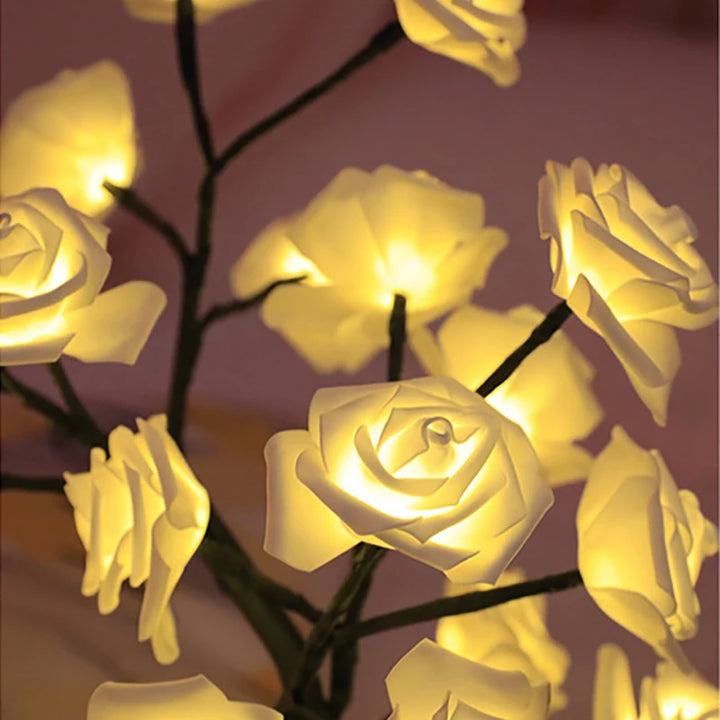 "aesthetic led rose tree lamp lighting up dark room"
