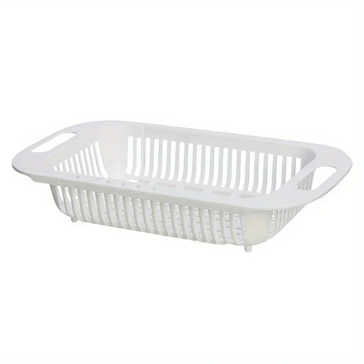 Adjustable Over Sink Colander Strainer - Uncharged Plastic Multi-Use Kitchen Prep Gadget for Fruits & Vegetables