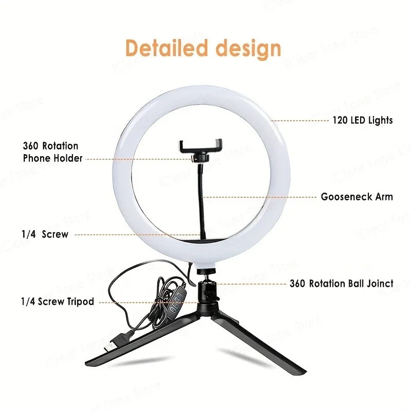 LED Selfie Ring Lamp Selfie Ring Lighting Photographic USB Remote Fill light For TikTok YouTube Video Live Phone Holder & Tripod
