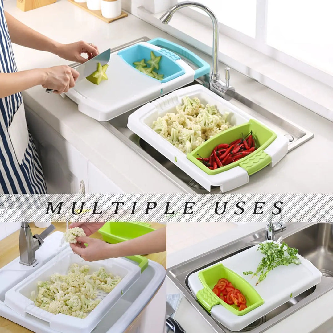 3 in 1 Kitchen Multifunction Sink Strainer Plastic Cutting Board Storage Basket Over Chopping with Containers Retractable Drain