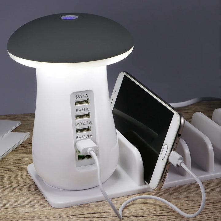 Five Ports Charging Station Desk ganizer With Mushroom Lamp Safety System For Tablet Mobile Phone Accessories Dust Plug White