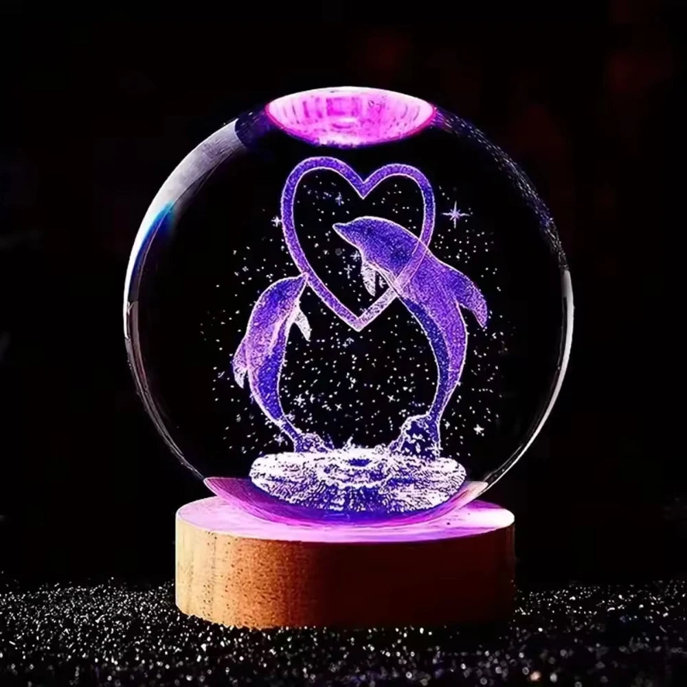 1pc 3D Dolphin Moon Crystal Ball, Birthday Gift To Wife Friend 3D Laser Etched Marine Animal Indoor Statue Lamp Decoration