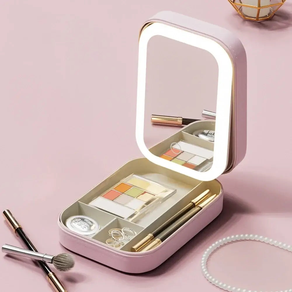 "travel makeup organizer with lights open view"