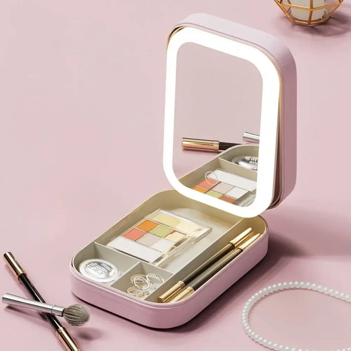 "travel makeup organizer with lights open view"