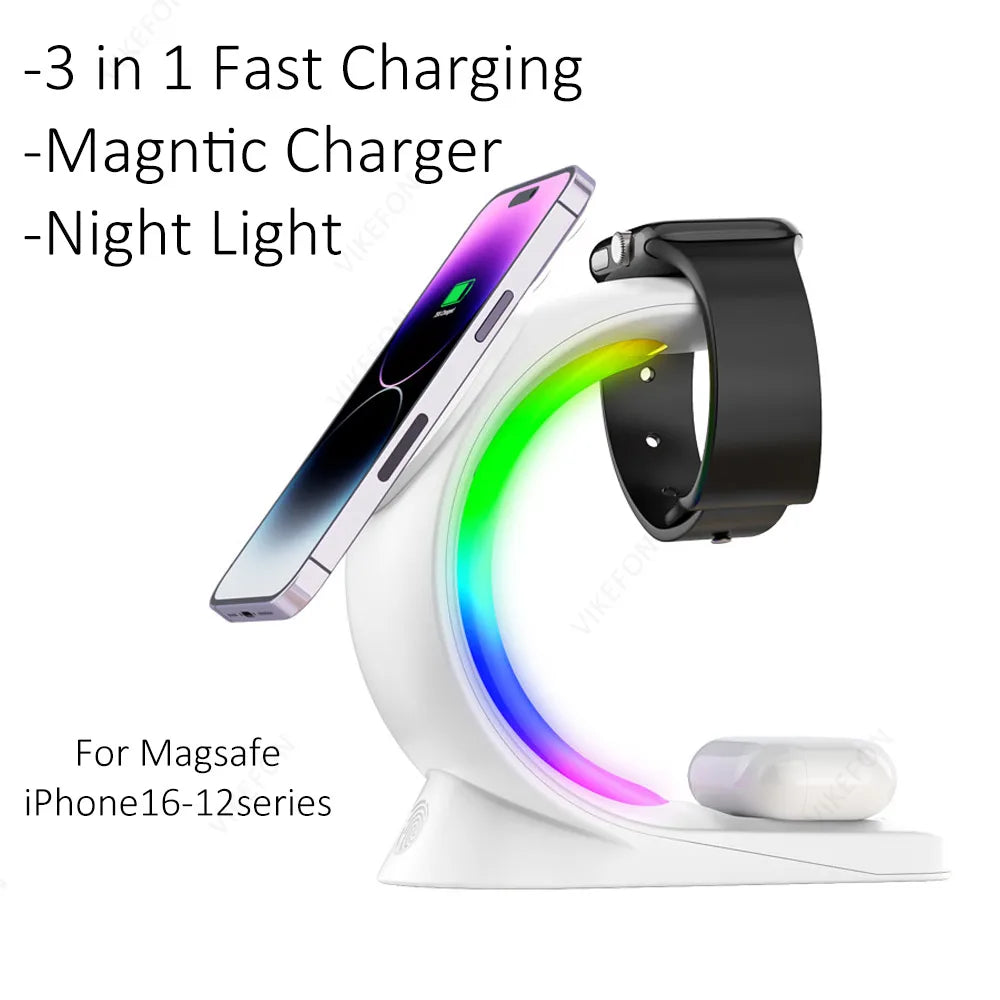 Multi-device charging station for Apple products on bedside table.