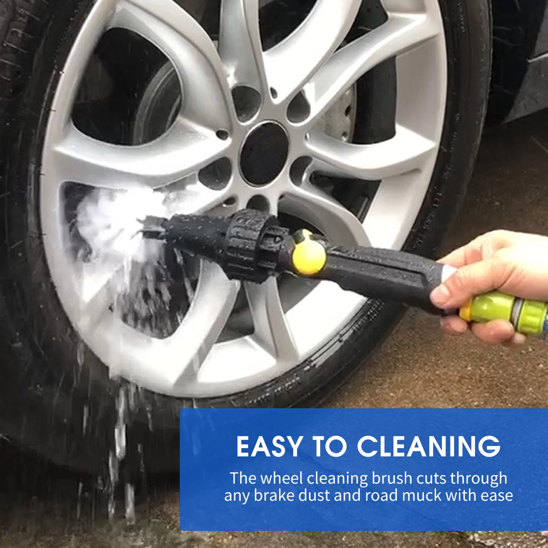 "tire cleaning brush with water-powered rotation"