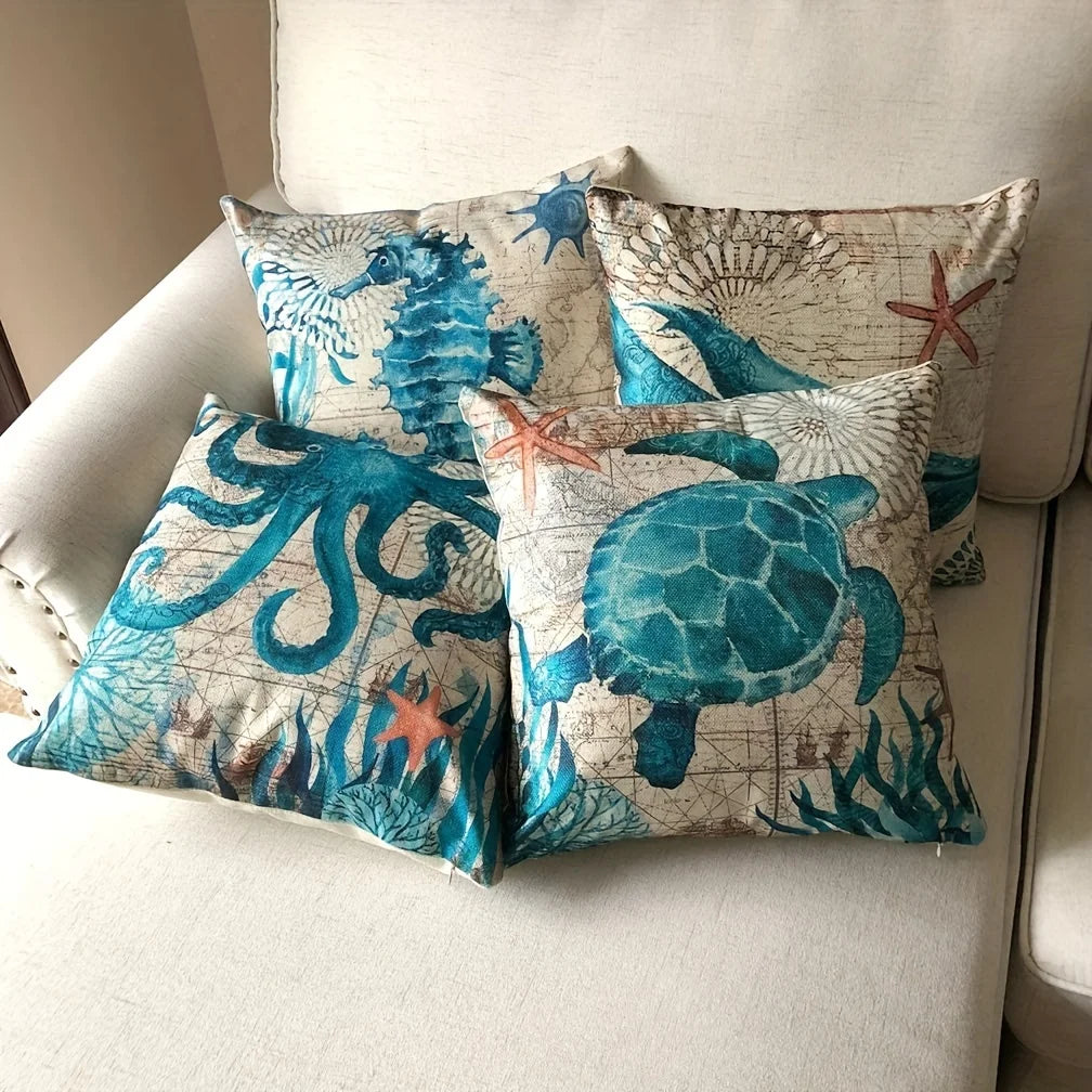 "coastal pillow covers with seahorse and turtle print"