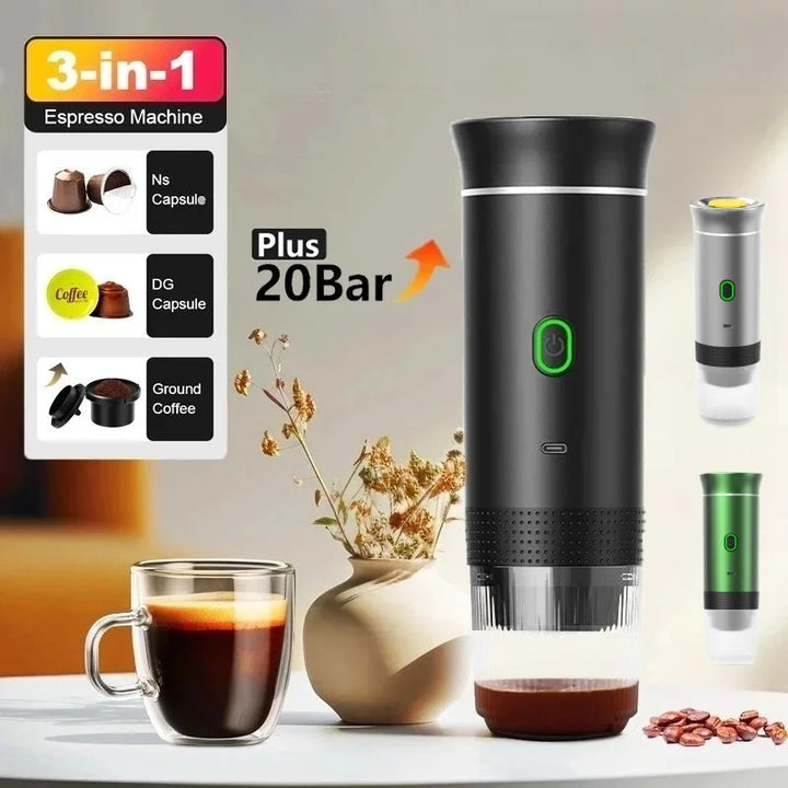 3-in-1 Portable Electric Coffee Maker 20Bar Espresso Machine, Capsule&Powder Compatible for Camping/Office/Travel with Fast Heat