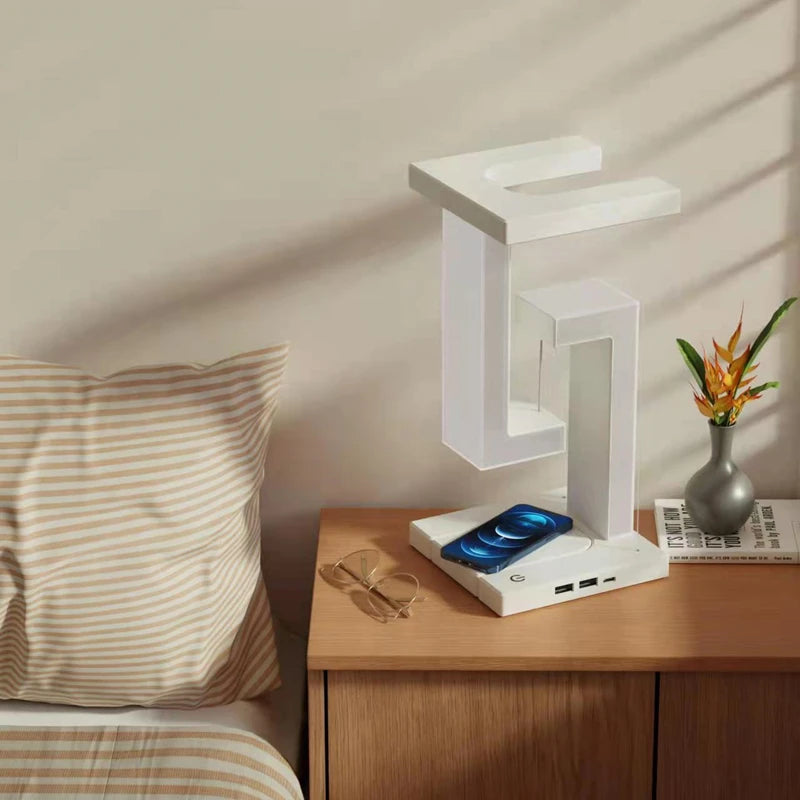 LED Suspending Anti-gravity Night Light with 10W Wireless Charger Desk Lamp Dimmable Table Light for Bedroom Bedside Decor Light