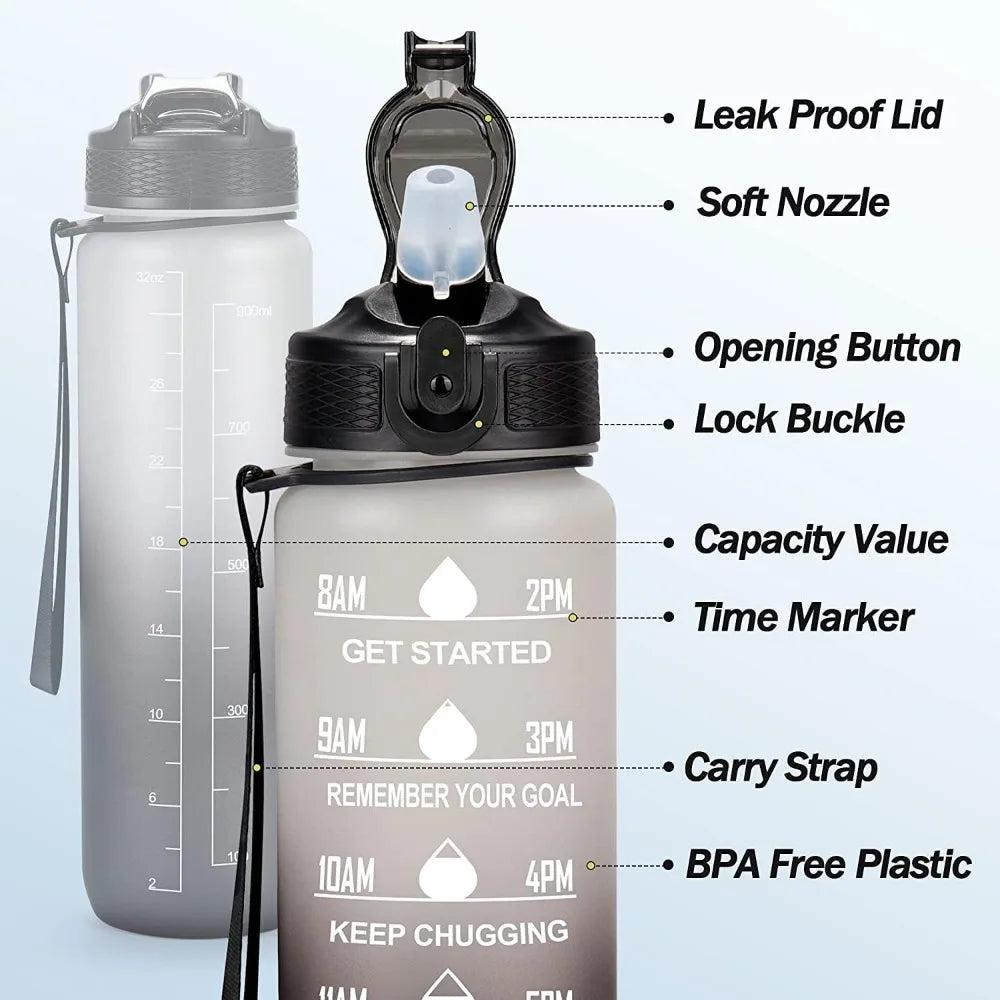 1000ml Leak Proof Water Bottles with Times to Drink and Straw Motivational Drinking Sports Water Bottle for Fitness Gym Outdoor