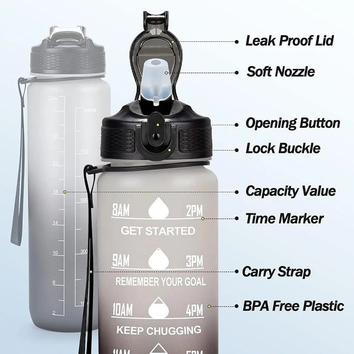 1000ml Leak Proof Water Bottles with Times to Drink and Straw Motivational Drinking Sports Water Bottle for Fitness Gym Outdoor
