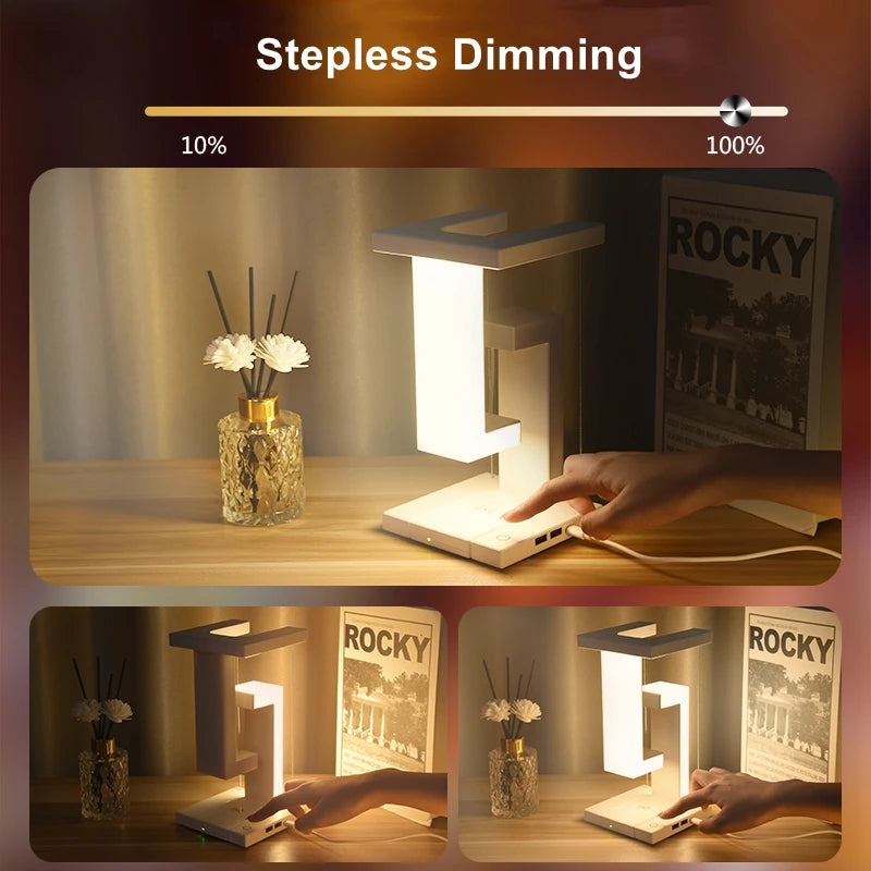 LED Suspending Anti-gravity Night Light with 10W Wireless Charger Desk Lamp Dimmable Table Light for Bedroom Bedside Decor Light