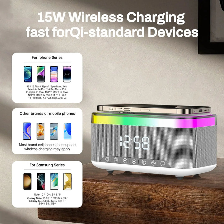bluetooth speaker alarm clock with wireless phone charging