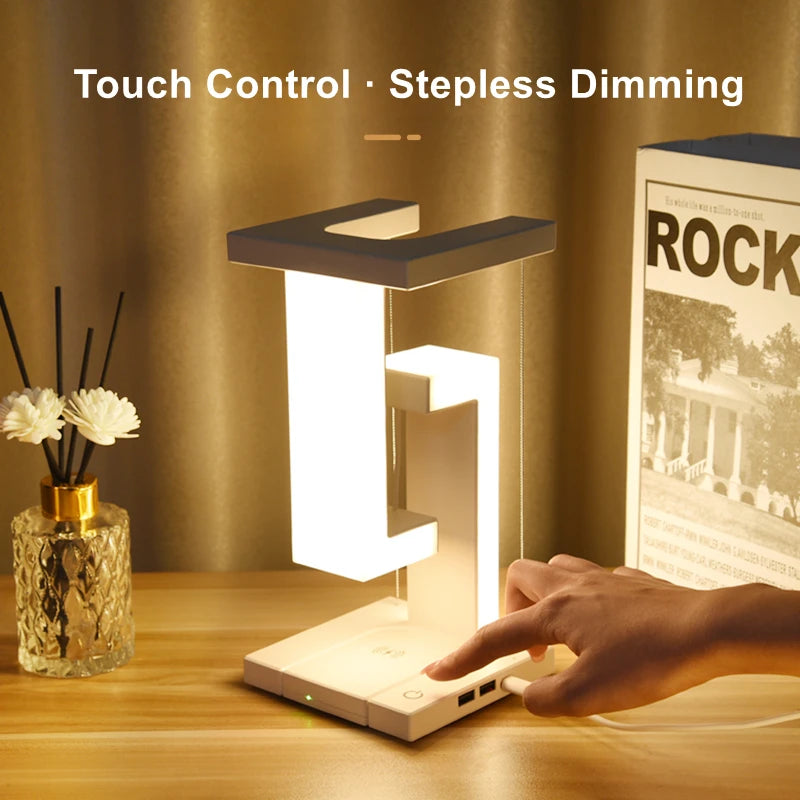 LED Suspending Anti-gravity Night Light with 10W Wireless Charger Desk Lamp Dimmable Table Light for Bedroom Bedside Decor Light