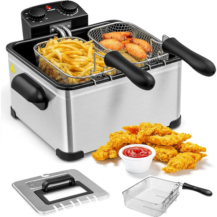 Electric Deep Fryer with 3 Baskets, Frier Cookers Home Fryer,Lid with View Window, Adjustable Temperature and Timer