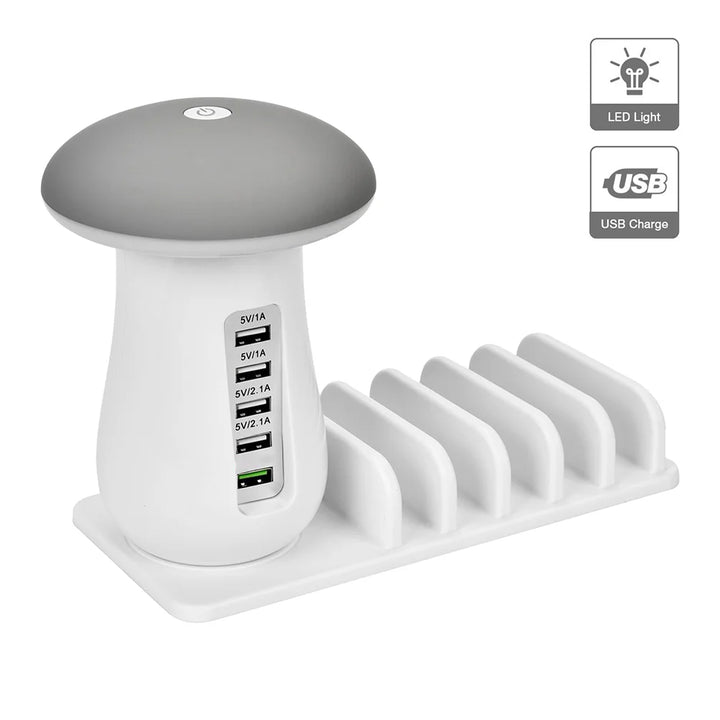 Five Ports Charging Station Desk ganizer With Mushroom Lamp Safety System For Tablet Mobile Phone Accessories Dust Plug White