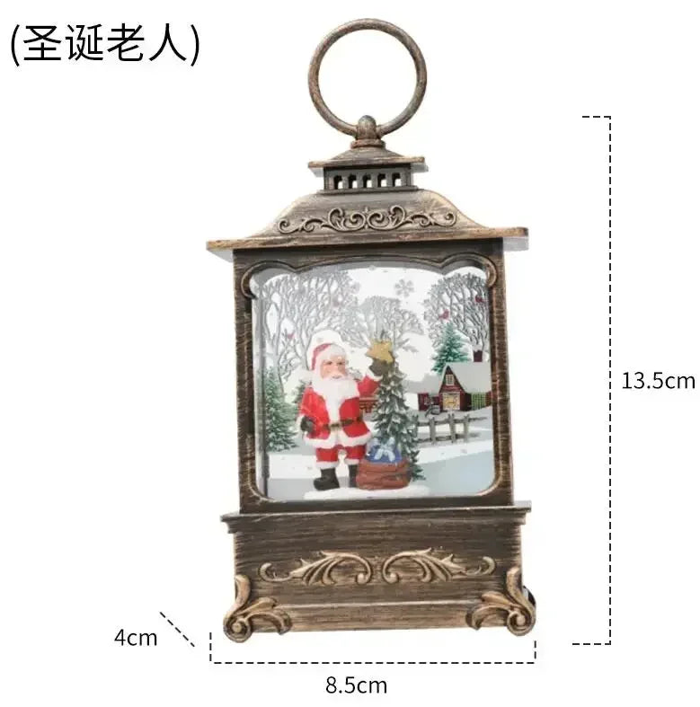 "lighted christmas snow globe lantern with swirling glitter"