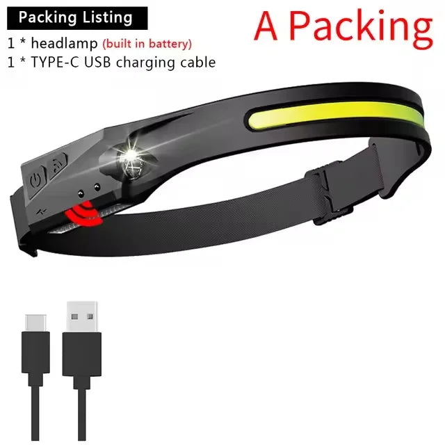Super Bright Induction Headlamp COB+LED Sensor Head Flashlight Built in Battery USB Rechargeable For Camping Fishing Work Lights