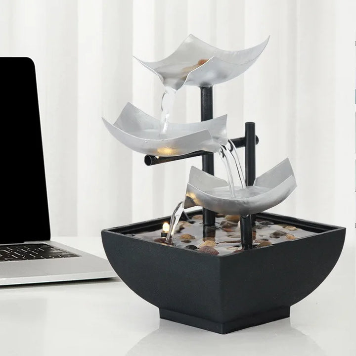 LED-lit indoor water feature for desk