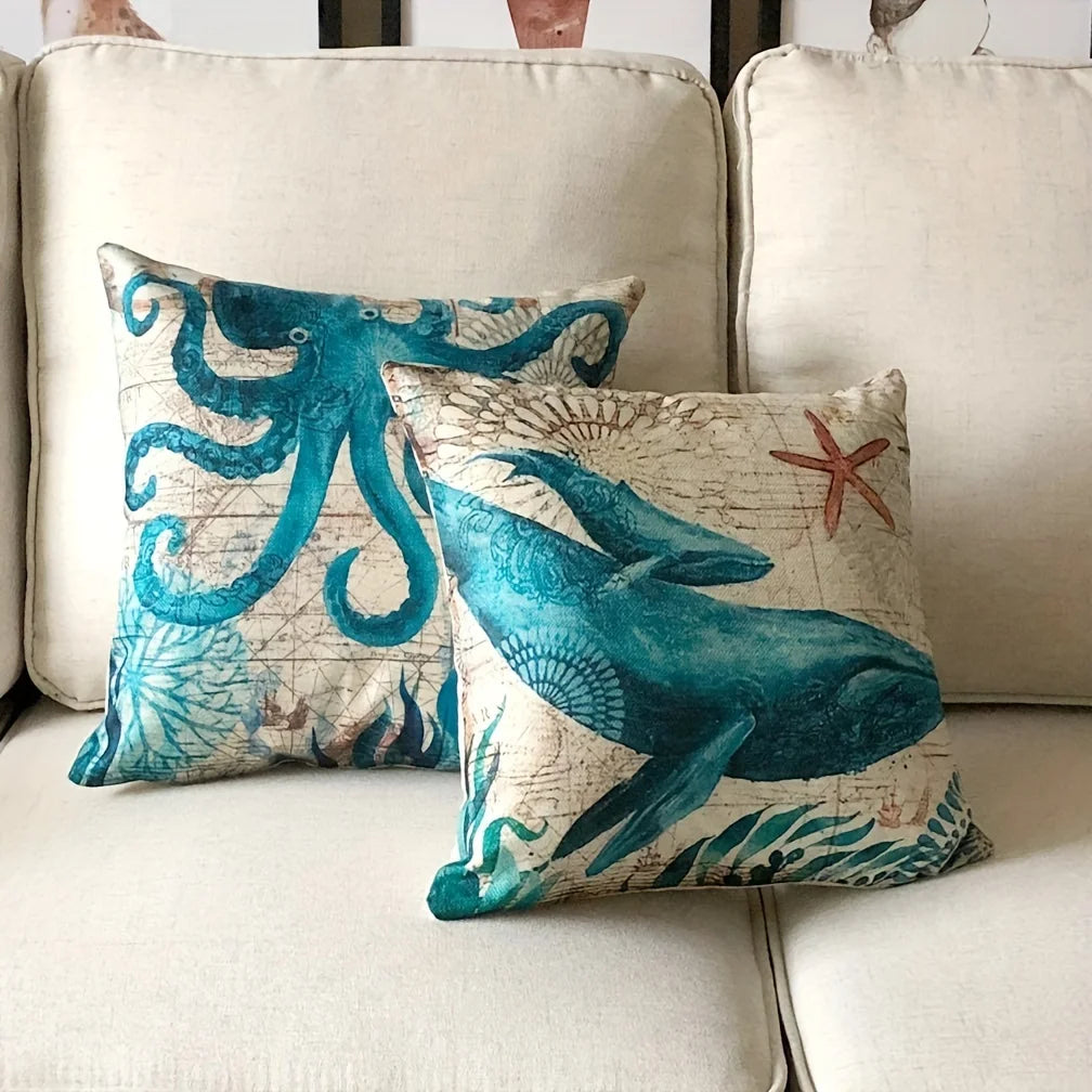 "ocean-themed coastal pillow covers on beach house sofa"