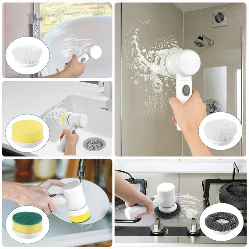 Electric 5 in 1 Powerful Cleaning Brush Spin Scrubber Brush Deep Cleaning with 5 Replaceable Heads For Bathroom Kitchen