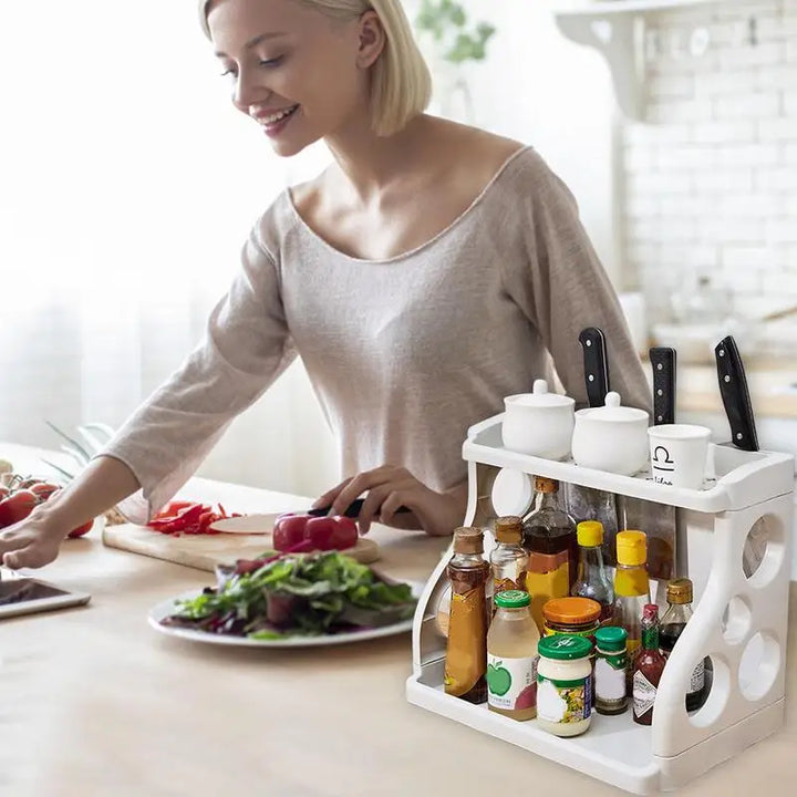 Kitchen Counter Shelf Large Capacity Spices Organizer 2-Tier Kitchen Shelf Compact Knives Stand Space Saving Removable Storage