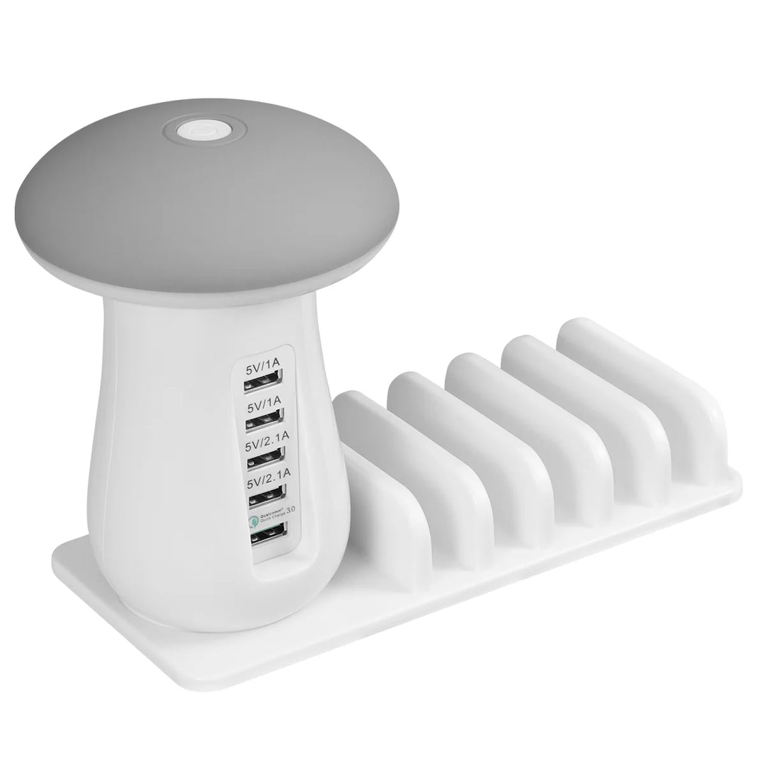 Five Ports Charging Station Desk ganizer With Mushroom Lamp Safety System For Tablet Mobile Phone Accessories Dust Plug White