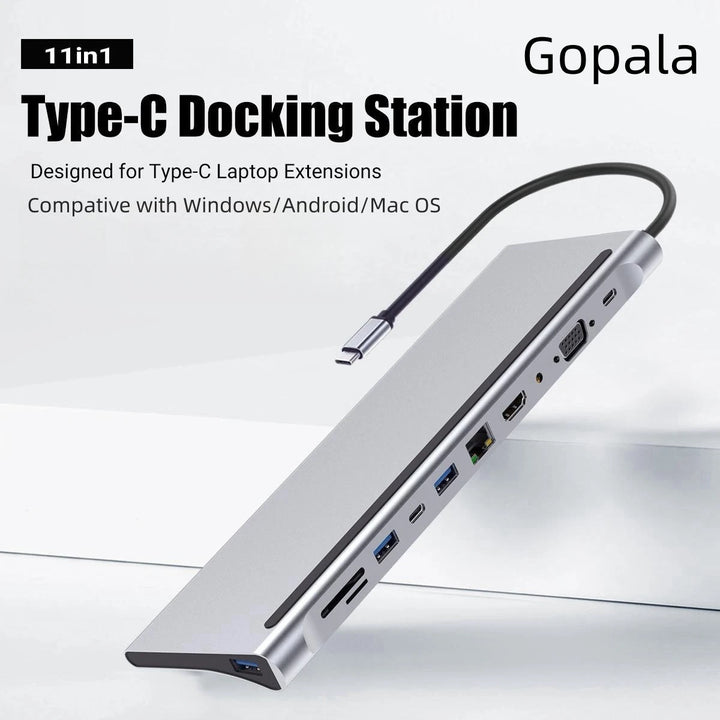 Gopala 11-in-1 Multi-Port Laptop Dock USB C Docking Station with 4K HDMI, VGA, Ethernet, SD, MicroSD, 3.5mm Port For MacBook