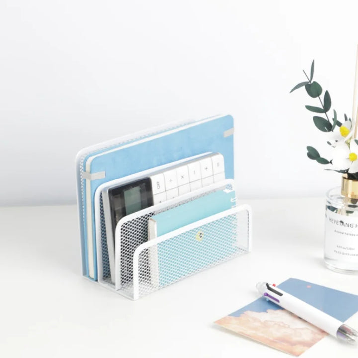 Folder Holder Desk, 2 Pack Mail Organizer Letter Holder for Desk Metal Mesh with 3 Vertical Upright Compartments