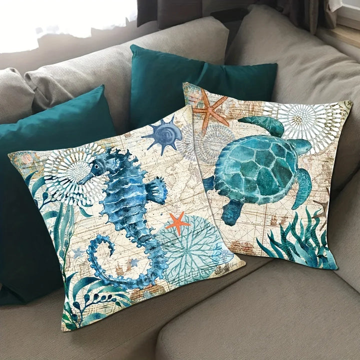 "square coastal pillow covers with blue ocean design"